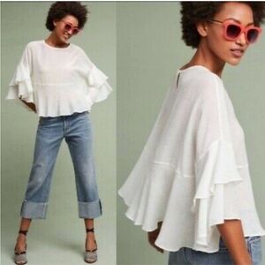 Anthropologie Eri + Ali Nokomis Crepe Tiered Bell Sleeve White Blouse Small